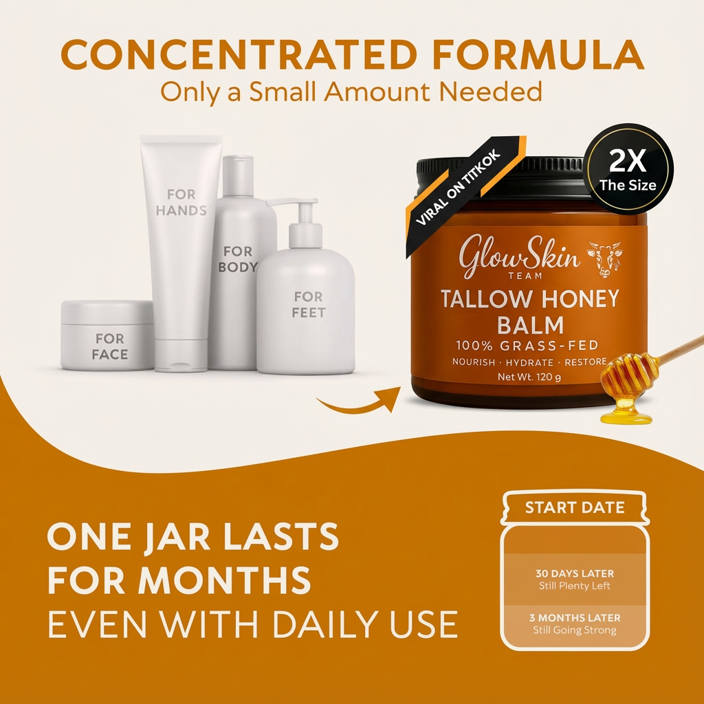 Tallow Honey Balm, 100% Grass Fed, Deep Hydration, Fast Absorbing for All Skin Types