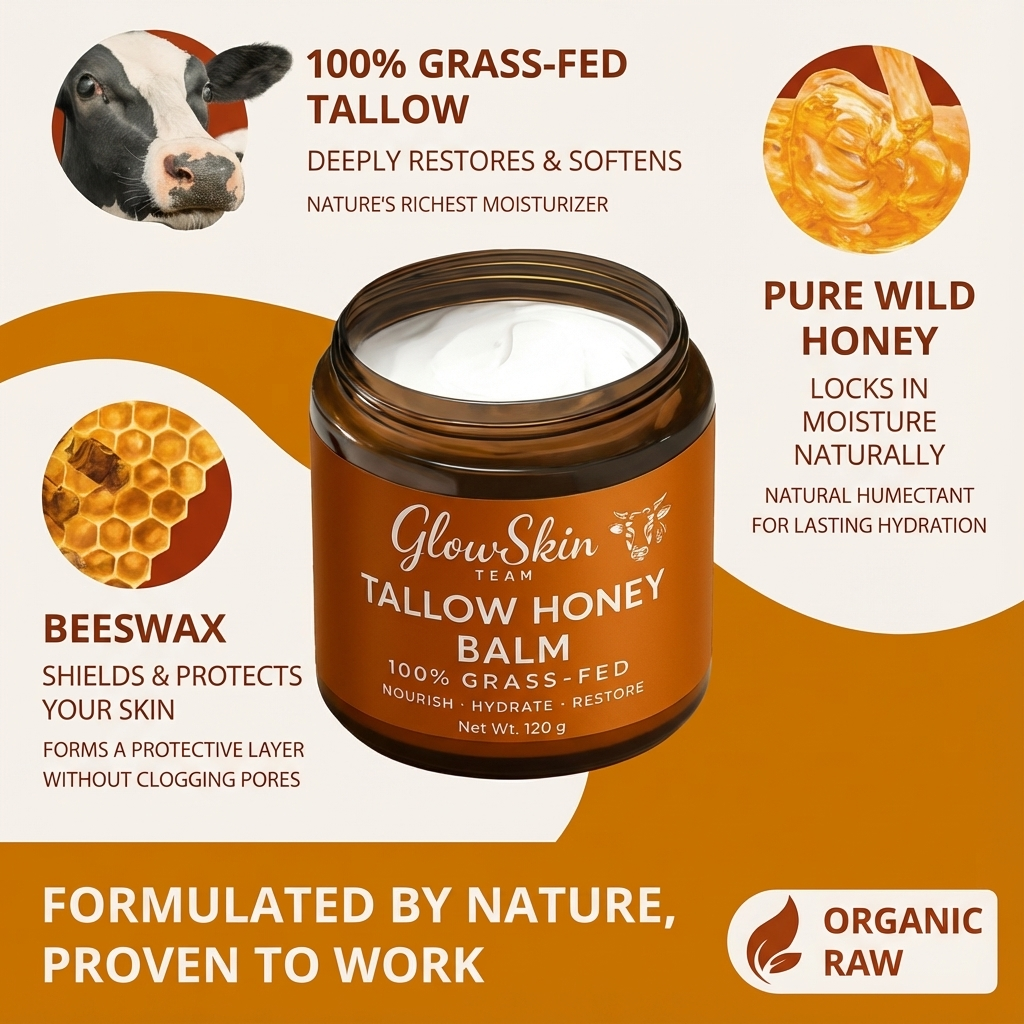 Tallow Honey Balm, 100% Grass Fed, Deep Hydration, Fast Absorbing for All Skin Types