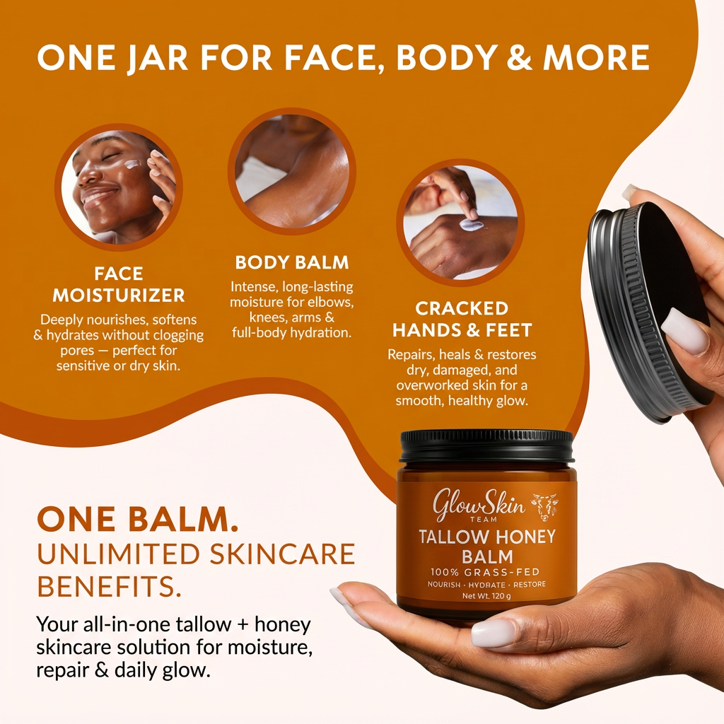 Tallow Honey Balm, 100% Grass Fed, Deep Hydration, Fast Absorbing for All Skin Types
