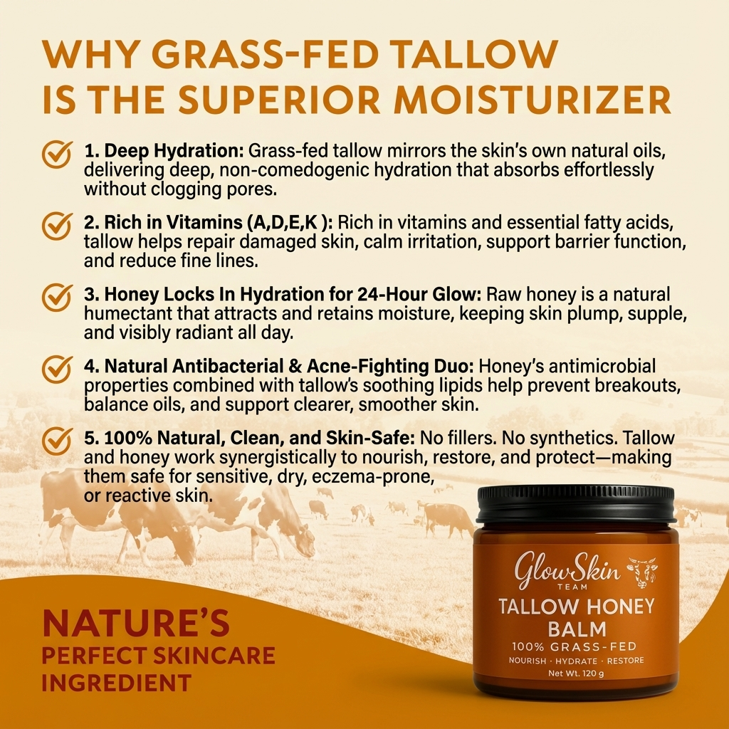 Tallow Honey Balm, 100% Grass Fed, Deep Hydration, Fast Absorbing for All Skin Types